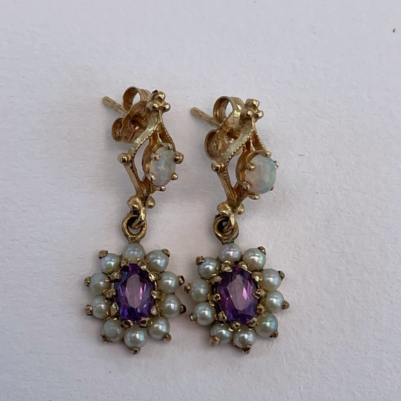Vintage 14k Opal Seed Pearl Amethyst Drop Earrings - Picture 2 of 8